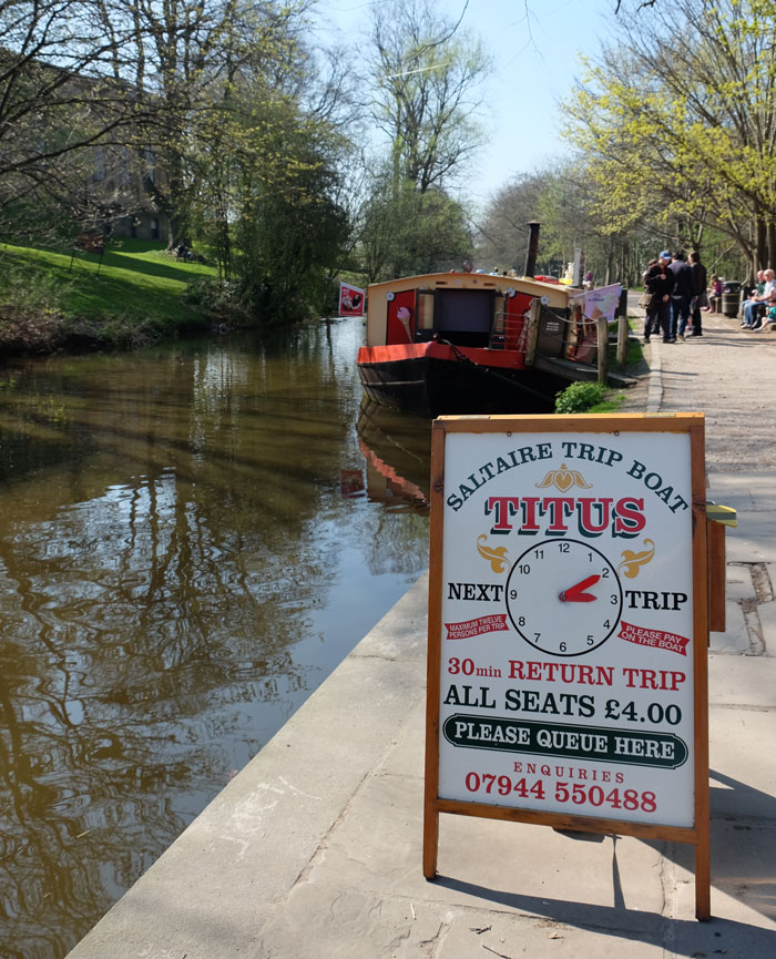 Visitors to Saltaire can take a canal boat trip along the Leeds Liverpool canal