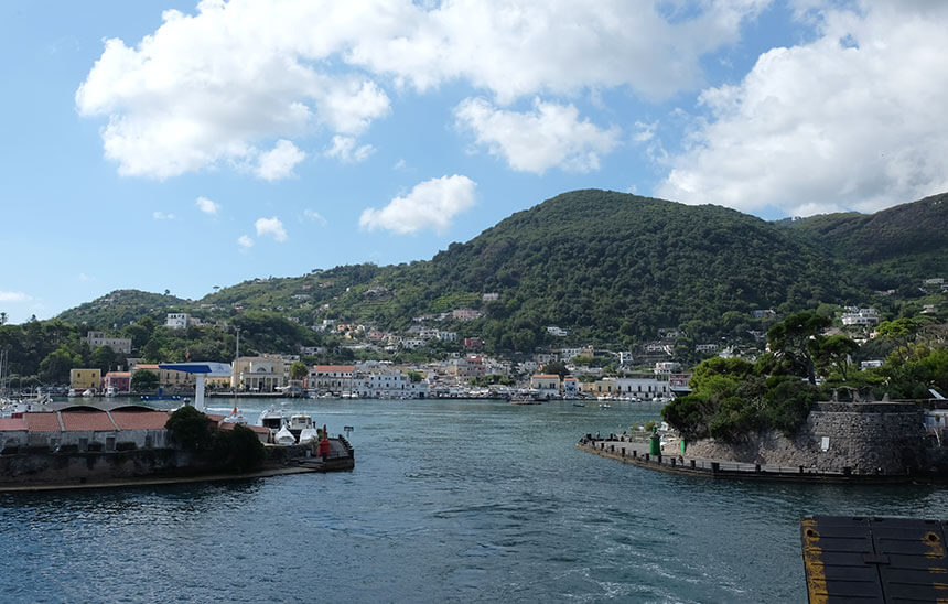 Entering the port at Ischia Porto, one of the most convenient places to stay in Ischia