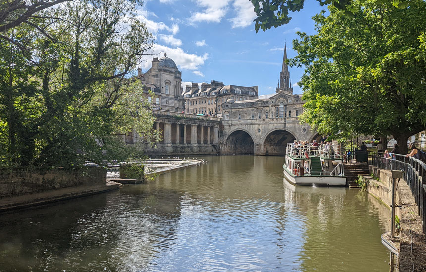 Pulteney Bridge, over the River Avon. It was built in the late 1700s and is one of only four bridges in the world that has shops along both sides - the Rialto Bridge in Venice is probably the most famous example. 