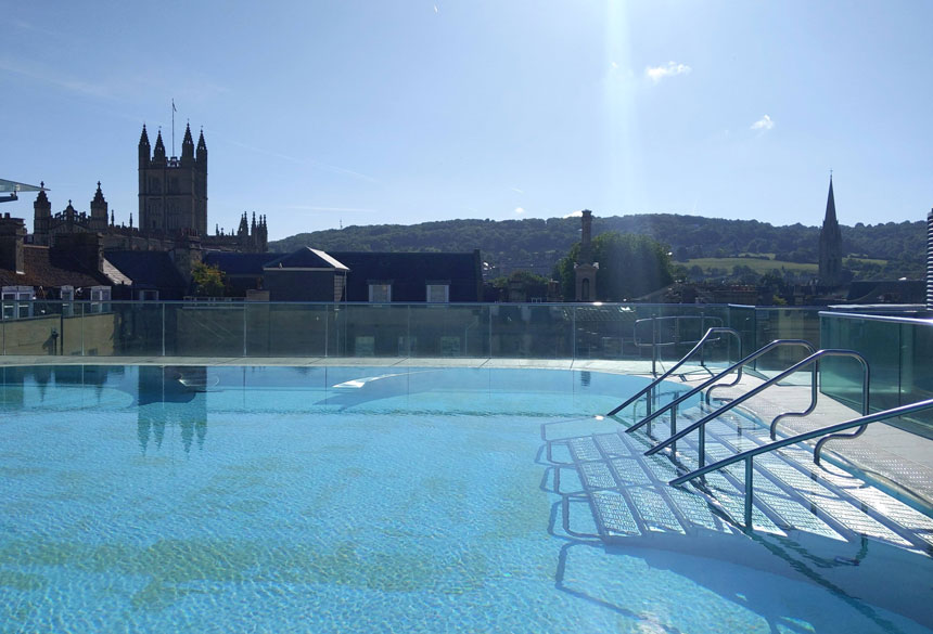 The rooftop pool at Thermae in Bath. Bath is the only place in the UK with naturally hot springs.