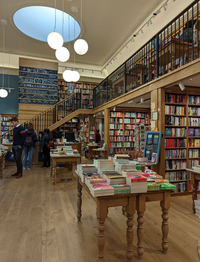 Inside Toppings bookshop in Bath. Housed in a Georgian former chapel, it's one of the largest independent bookshops in the UK.