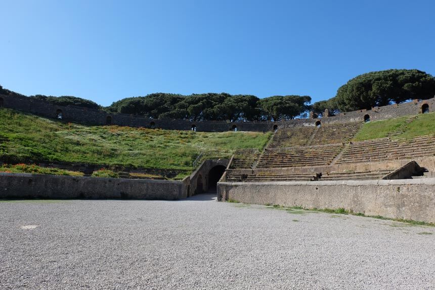 The modern town of Pompei is close to the Roman amphitheatre at the eastern edge of the archaeological site