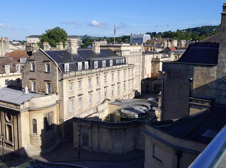 Views over Georgian Bath from the rooftop swimming pool at Thermae