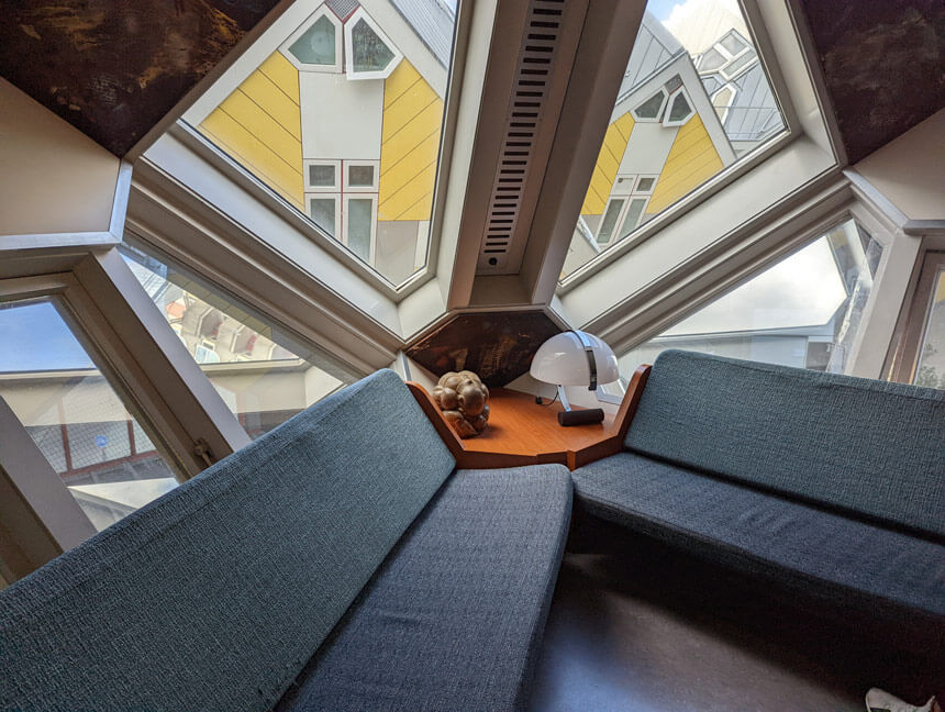 Inside the cube house museum. All the furniture is specially shaped to fit into the cube house's unusual angles.