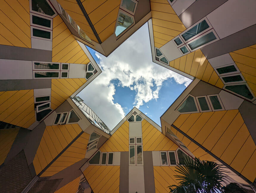 Looking up to the "canopy" of cube houses in Rotterdam