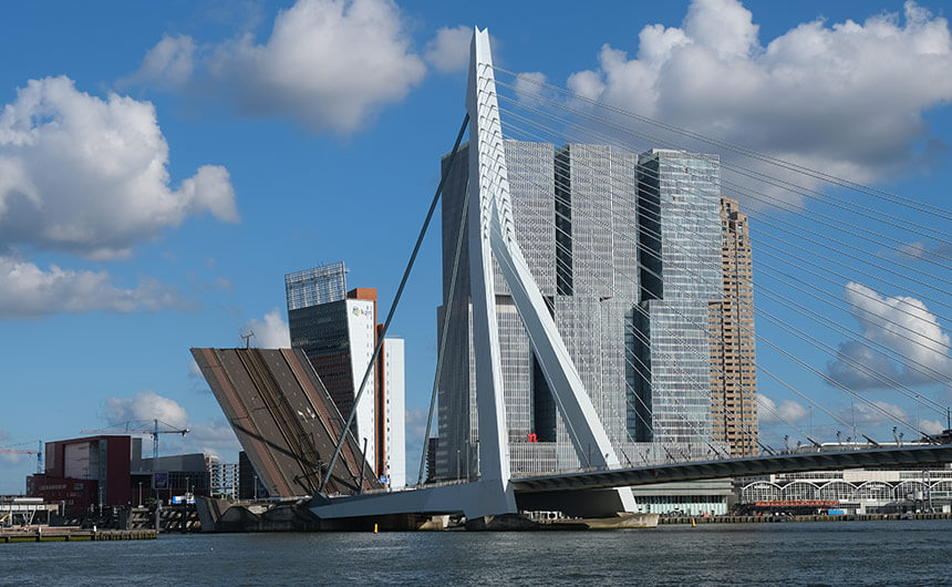 A section at one end of the Erasmus Bridge opens to let tall ships through