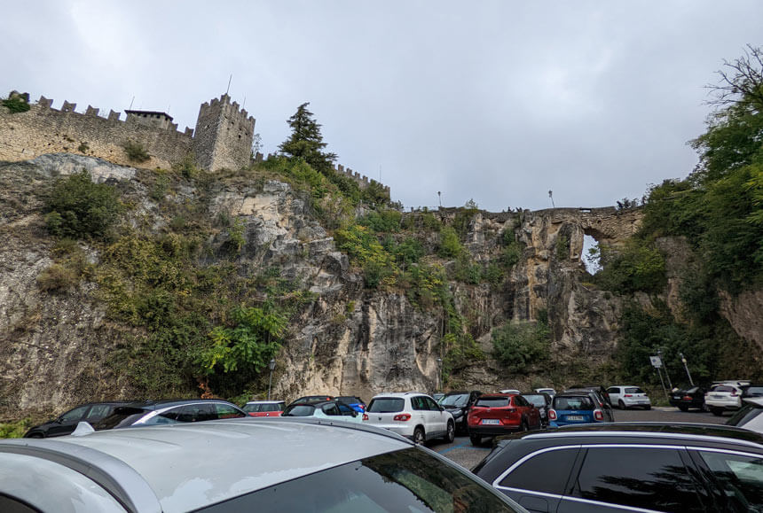 All San Marino's public car parks, coach parks and bus stops are numbered. This one is P6, just underneath the Guaita Tower.