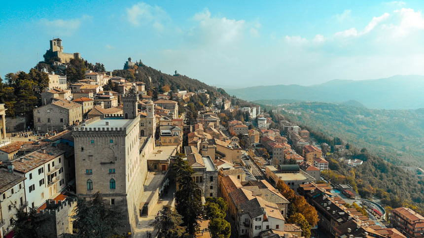 The rooftops of San Marino. The three towers lined up across the ridge of the mountain are the symbols of San Marino and feature on the national flag and coat of arms.