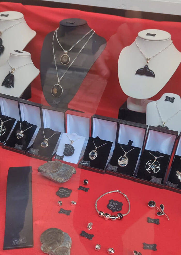 Pieces of Whitby jet jewellery on sale at one of the many jewellers in Whitby