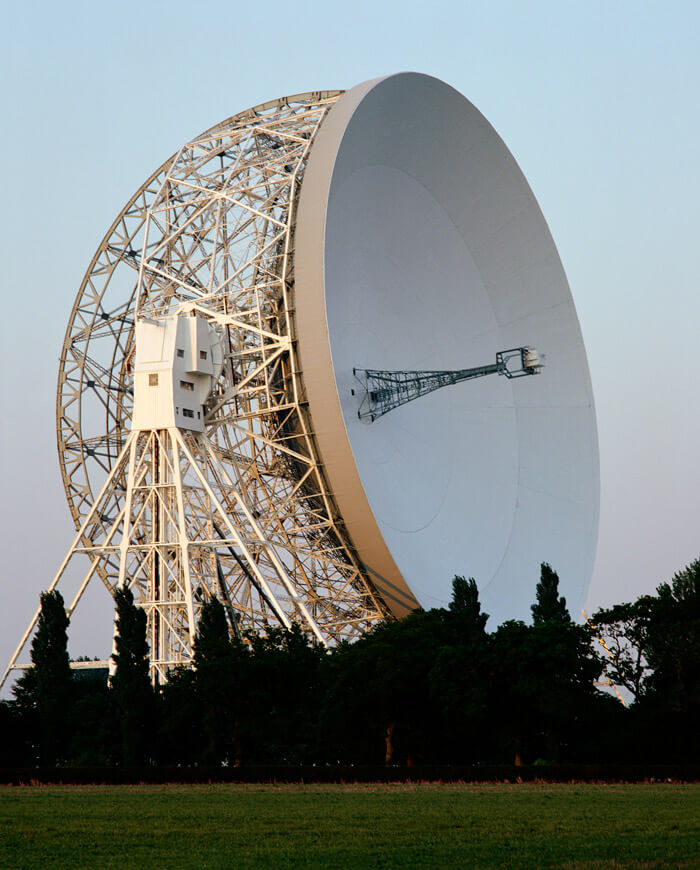The Lovell telescope's enormous dish dominates the landscape around Jodrell Bank