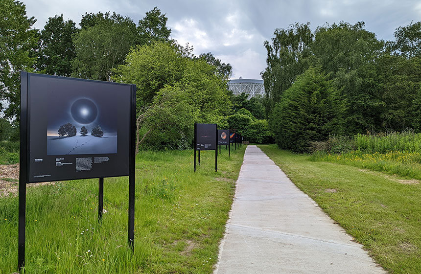 Walking towards the Lovell telescope and the Planet Pavilion