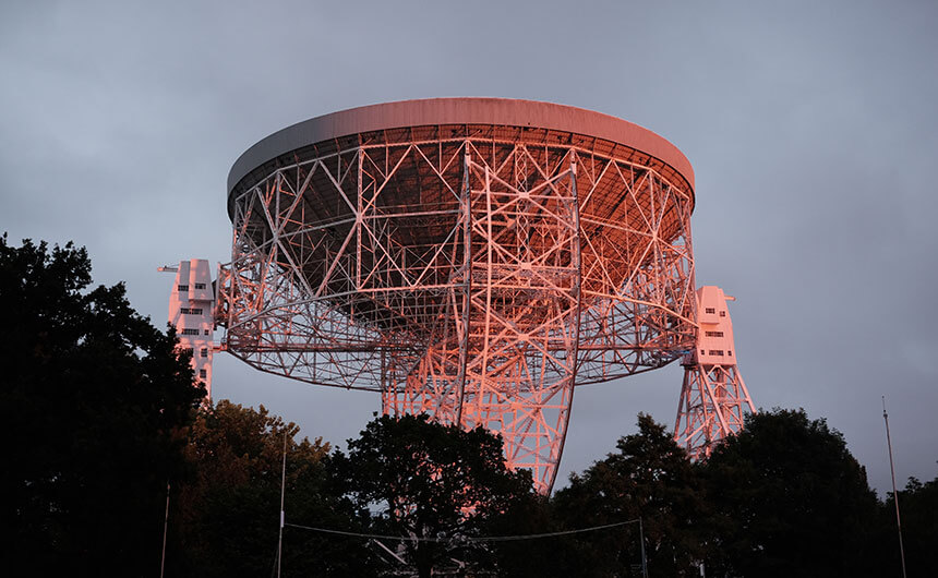 Sunset at Jodrell Bank during the Bluedot festival