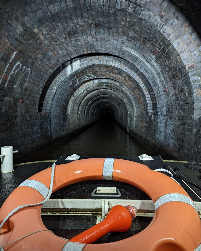 Inside the Standedge canal tunnel. The tunnel is only just wide enough for a single narrowboat.