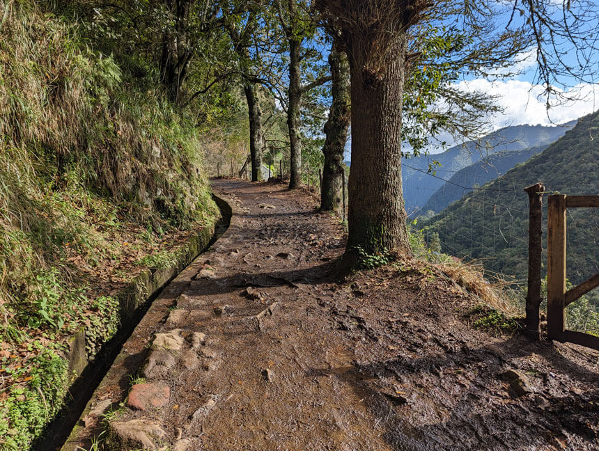 A view along the easy levada walk to the Balcões viewpoint. You can see the narrow levada water channel on the left hand side of the path.