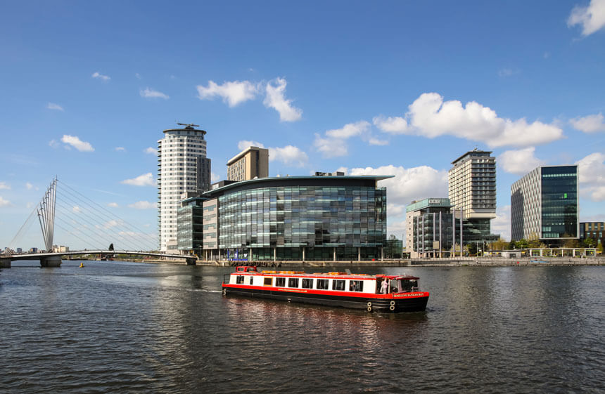 A barge on the Manchester Ship Canals at Salford Quays