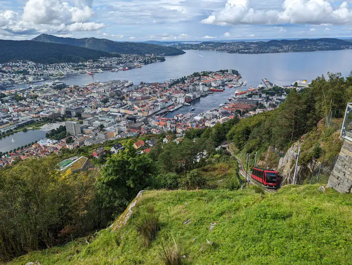 A view of Bergen from Mount Floyen. The city is on the water, and more islands are visible in the distance.