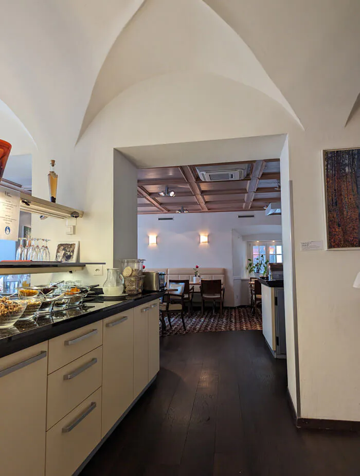 Having breakfast at our hotel in Chur. The hotel building dates back to 1575 and is full of historic features like vaulted ceilings and thick walls.