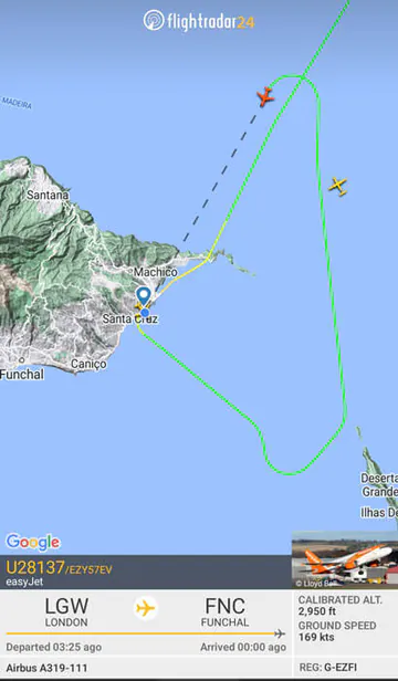A screenshot from Flightradar24 showing the flight before ours having to make a second attempt at landing at Madeira's airport.