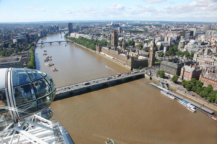 The view from the London Eye, with Westminster Bridge, the River Thames and the Houses of Parliament
