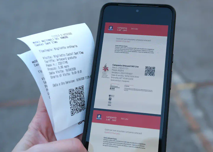 A phone screen showing a Campania Artecard, together with some tickets showing the price as free