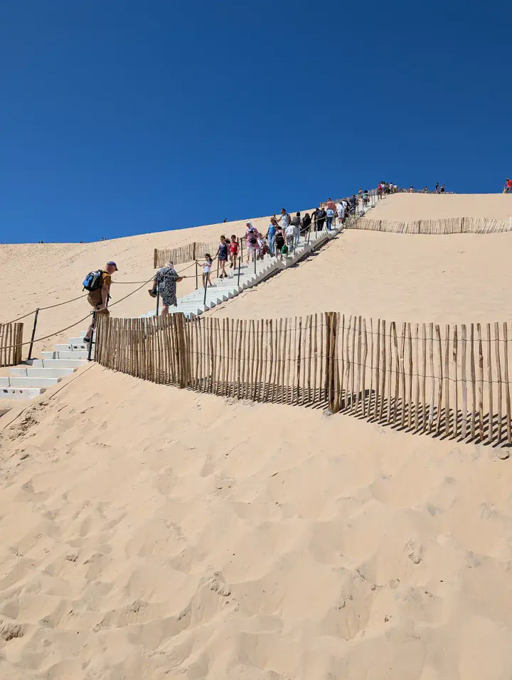 People walking up temporary steps on a huge sand dune
