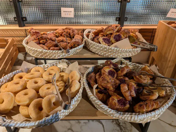 Bakery products at a breakfast buffet