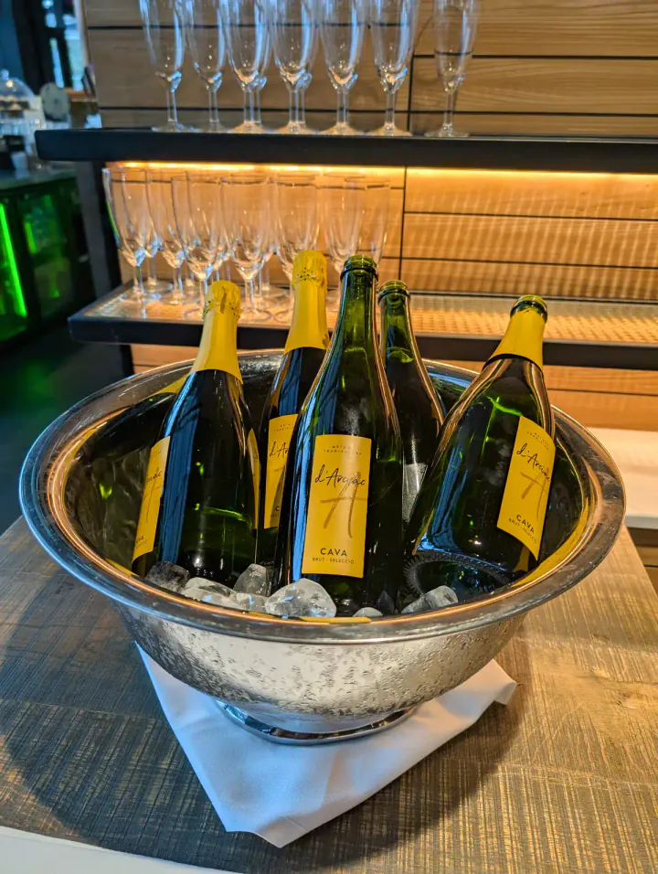A metal bowl with bottles of cava on ice