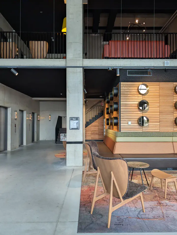 An industrial-inspired hotel reception