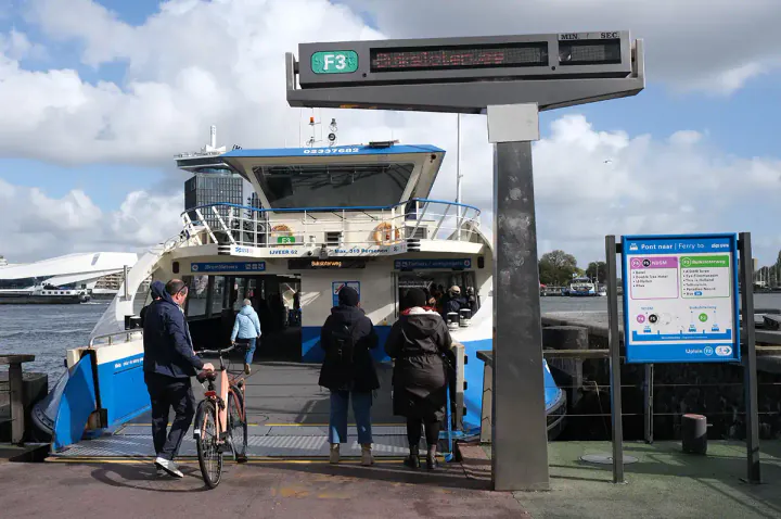 A ferry taking bikes and foot passengers across the river IJ in Amsterdam