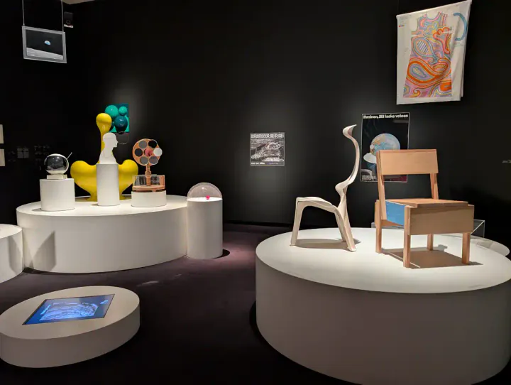 An exhibition in the Stedelijk Museum in Amsterdam. This part of the collection includes art and objects which were inspired by the space race, like a TV shaped like an astronaut's helmet.
