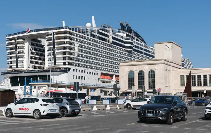 Naples cruise port, with a large cruise ship docked