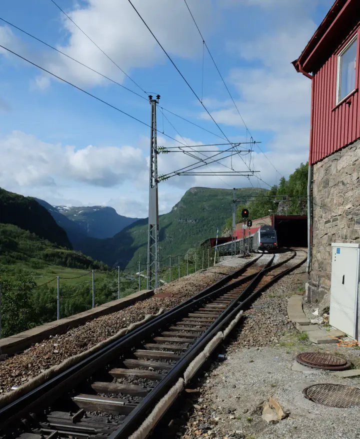 The Flåm Railway train setting off back down the line to Flåm from Myrdal
