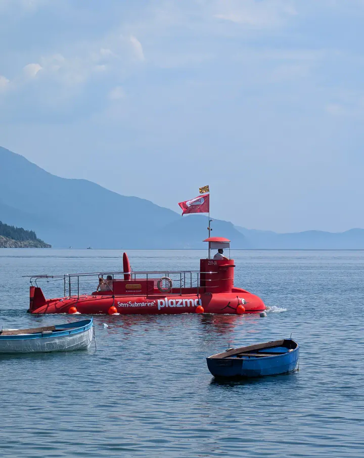 A red semi-submarine on a lake