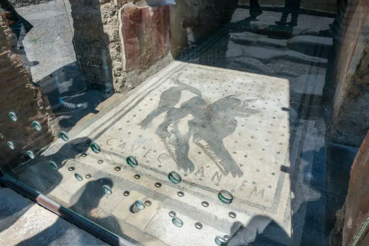 The Beware of the Dog mosaic at the entrance of the House of the Tragic Poet