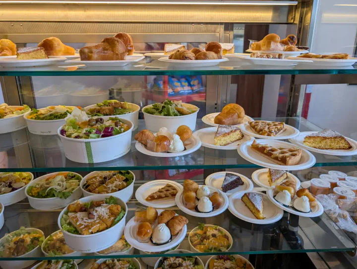 A selection of salads and cakes 