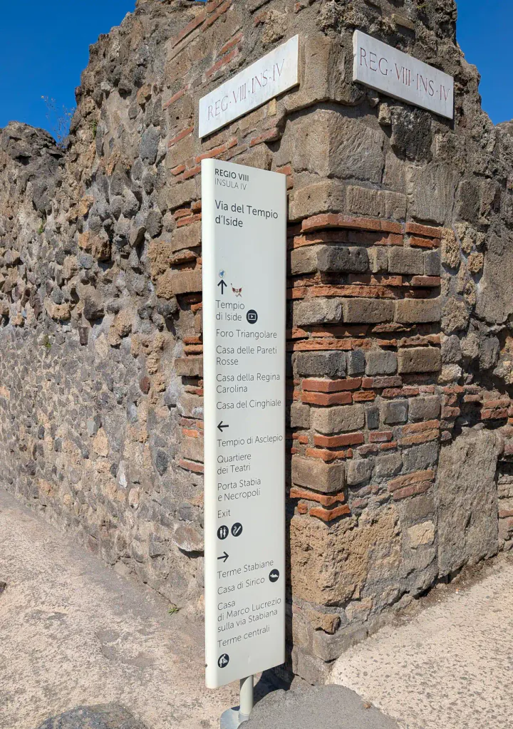 A sign at Pompeii pointing towards some key sights