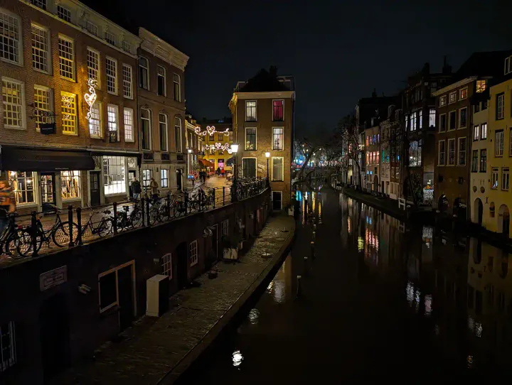 Christmas lights on one of the canalside streets in Utrecht