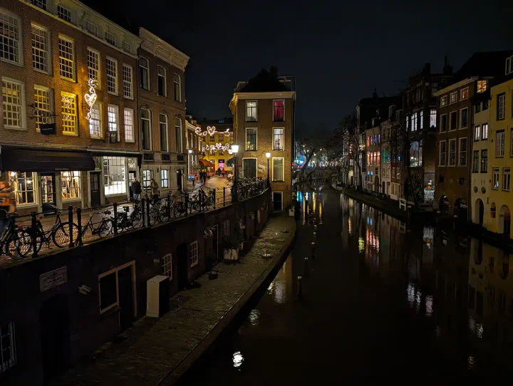 Christmas lights on one of the canalside streets in Utrecht