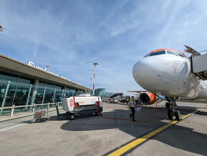 An easyJet plane at EuroAirport Basel-Mulhouse-Freiburg, the starting point for my Bernina Line and Lake Como adventure