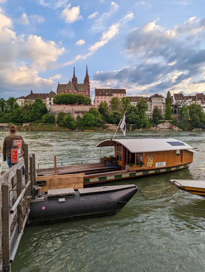 A wooden ferry boat ready to cross the Rhine in Basel, Switzerland