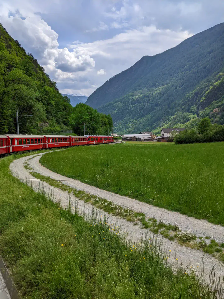 A red Bernina Line train travelling through green Alpine meadows near the Swiss border with Italy