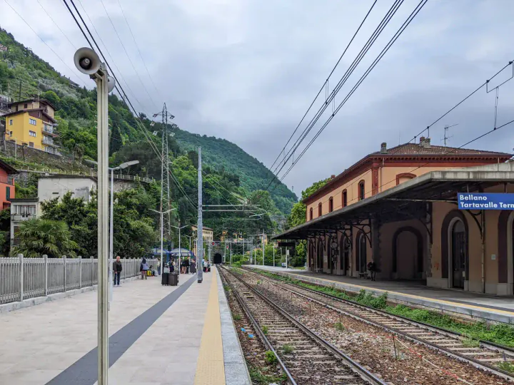 The train station in Bellano, a village on the shores of Lake Como which is served by direct trains between Tirano (at the end of the Bernina Line) and Milan.