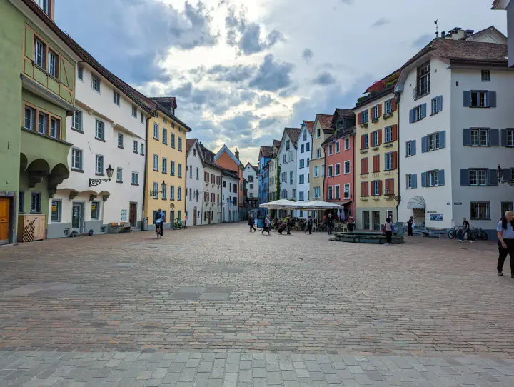 Brightly coloured old buildings in Chur, Switzerland's old town. Chur is the main departure point in Switzerland for the Bernina Express.