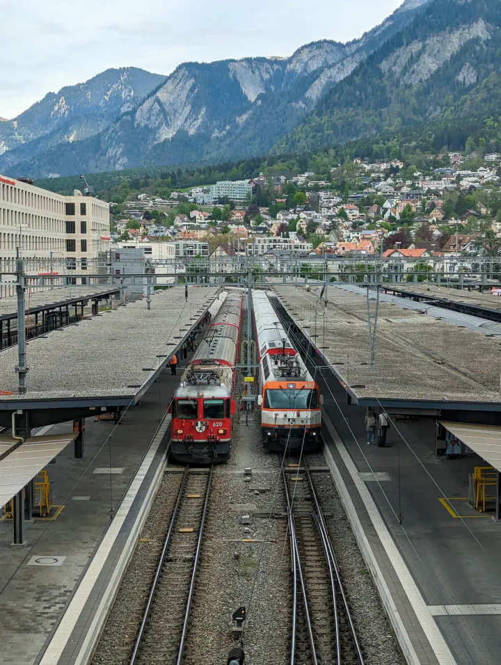 Two trains ready to leave at Chur railway station in Switzerland