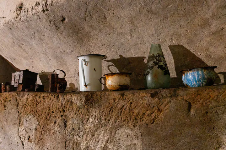 Pots and jugs left behind in the air raid shelters
