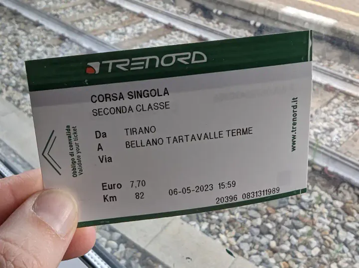 A Trenord train ticket from Tirano at the end of the Bernina Express line to Bellano on Lake Como