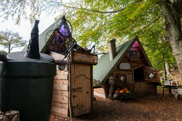 Spooky, witch-themed huts in the woods at Mother Shipton's Cave, ready for Halloween events