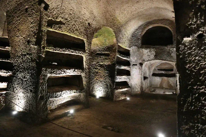 Tombs cut from the rock in the San Gennaro Catacombs
