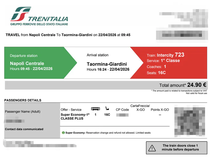 A train ticket issued by Trenitalia from Naples to Taormina in Sicily