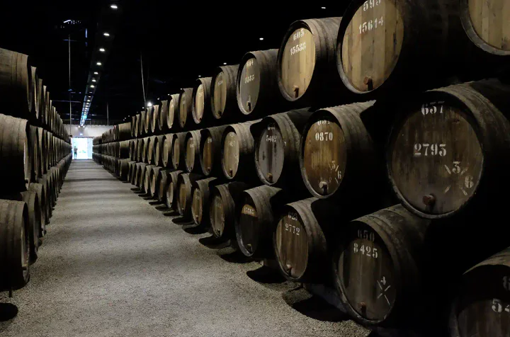 Rows of port wine barrels in the Taylor's port wine lodge